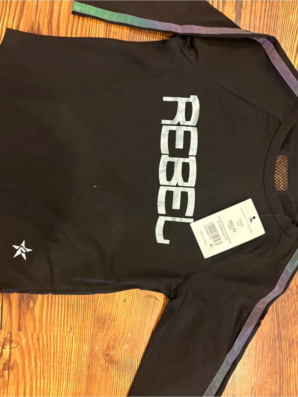 rebels Black Long-Sleeve Tee with Silver Logo and Iridescent Sleeve Trim